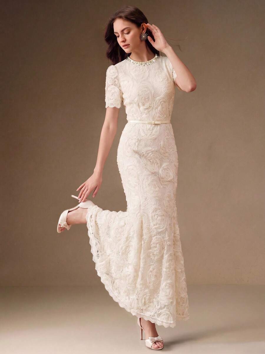 Anewsta Neu Ankunft Damen modisches figurbetontes Kleid mit Spitze, Blumenmuster, Spitzenbesatz, Perlendekor, Rundhalsausschnitt, Kurzarm, Fischschwanz-Silhouette mit Gürtel, elegant für Party, Hochzeit, Sommerurlaub - Aprikosenfarben - Übersicht 1