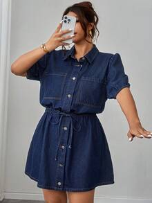 Elenzga Plus Size Women Elegant Comfortable Loose Navy Blue Non-Stretch Denim Dress - Dark Wash - View 7