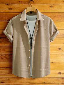 Manfinity Homme Áo sơ mi nam tay ngắn màu trơn, kiểu dáng casual, thích hợp làm quà tặng cho bạn trai, áo sơ mi nam mùa hè, áo trắng nam, áo sơ mi nam màu trắng. - Lạc đà - Xem 3