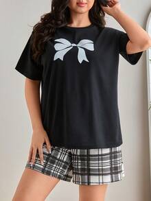 SHEIN Plus Cotton 3pcs/Set Women' S Plaid Print Pajamas &Shorts And Bow Patterned Detail Homewear Pajama Set - Black and White - View 5