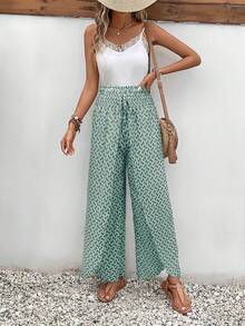 SHEIN Frenchy Quần ống rộng dáng suông, cạp chun, vạt chéo, họa tiết in toàn thân, thắt nút. - Màu xanh Ô liu - Xem 3