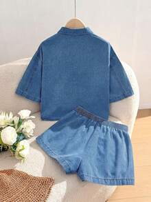 Comfortcana Women's Rhinestone Embellished Top And Denim Shorts Set Back-To-School Travel Blue Summer Casual - Medium Wash - View 2