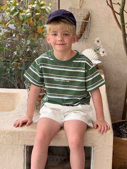 Dazy Kids Camiseta de manga corta para niños, camiseta casual de verano de cuello redondo holgado y a rayas para niños