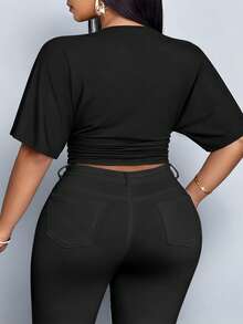 SOLERSUN Camiseta corta de verano de unicolor con pliegues, talla grande - Negro - Ver 6