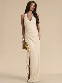 SHEIN BAE Spring & Summer Bridesmaid Dress, Deep V-Neck Halter Ruffle High Slit Ruffled Wrap Long Red For Women, Elegant Maxi - Apricot - View 4