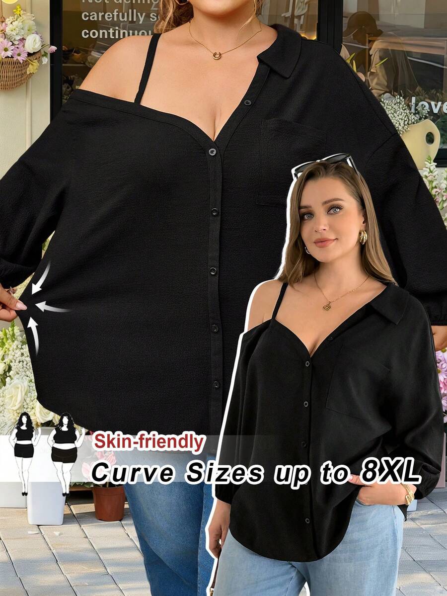 SHEIN CURVE+ Blusa negra de botones con hombros descubiertos, manga tres cuartos, estilo suelto y cómodo para mujer de talla grande, versátil y estilizante, para uso diario, primavera/verano, estilo europeo, blusa negra sexy de primavera/verano para mujer, blusa elegante para Día de San Patricio, Pascua y fiestas - Negro - Ver 1