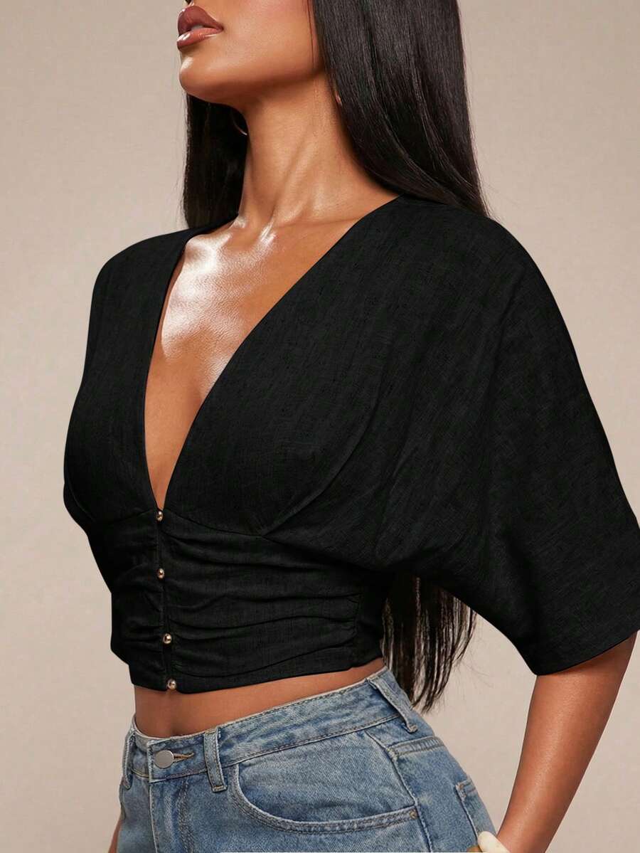 Radiana Camisa de mujer de manga corta negra de lino con mangas de murciélago, adecuada para salidas casuales, compras, viajes al trabajo, oficina, vacaciones y días festivos - Negro - Ver 1
