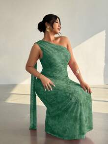 Firerie Plus Size Women's Sage Green Summer Elegant Wedding Guest Asymmetrical Shoulder Bodycon Maxi Dress, Fashion Party Beach Vacation Outfit - Green - View 2