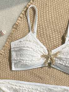 SHEIN Tween Girls' Summer Beach Vacation Solid Color Textured Fabric Metal Starfish Decor Bikini 3-Piece Set: Bikini Set, Cover-Up, And Skirt - Apricot - View 4