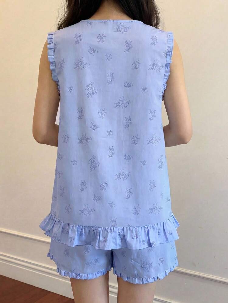 Floral Sweet Contrast Color Lace Patchwork Ruffle Trim Sleeveless Top And Shorts Women Pajama Set