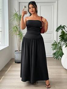 SHEIN EZwear 黑色休闲加大码抹胸连衣裙 - 黑色 - 查看 5