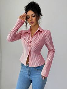SHEIN 法式修身蓝白条纹优雅通勤长袖女式衬衫 - 酒紅色 - 查看 7