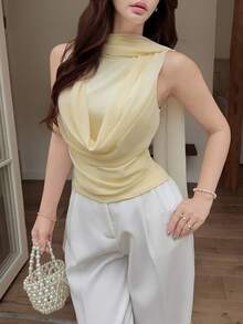 Feyla Women's Elegant Romantic Solid Color Lapel Sleeveless Blouse, Summer Wedding Tea Party Day Party Yellow - Apricot - View 1