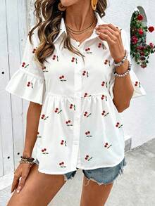 SHEIN Holidaya 女士新款夏季清新白领衬衫，樱桃印花，褶裥喇叭袖，宽松版型，休闲百搭，适合通勤、度假、户外活动 - 白色 - 查看 6