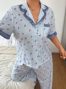 Napfluff CURVE Napfluff CURVE Striped Cherry Print Plus Size Women's Contrast Color Ruffle Trim Short Sleeve Pajama Set With Open Front Collar - Blue - View 3