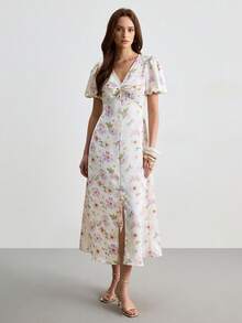 CielaLinda Đầm maxi ngắn tay bồng bằng vải satin họa tiết hoa dành cho nữ, xẻ tà. - Nhiều màu - Xem 3