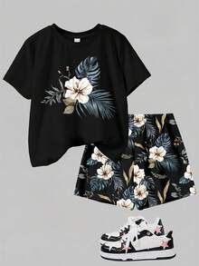 休闲简约热带花卉印花，少女休闲圆领短袖T恤和短裤两件套，适合春夏日常、居家、上学穿着，复古花卉图案，春夏时尚，春夏穿搭，休闲度假风，轻松别致，休闲穿搭 - 彩色 - 查看 3