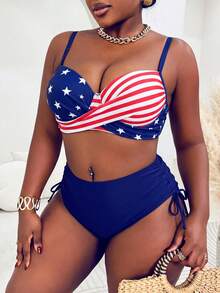 Slaydiva Plus Size Women 2pcs/Set Random Print Underwire Bikini Swimwear, Casual Holiday Outfit - Navy Blue - View 3