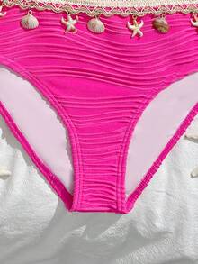 SHEIN Tween Girls' Summer Beach Vacation Shell & Starfish Print Bandeau Bikini Set - Hot Pink - View 5