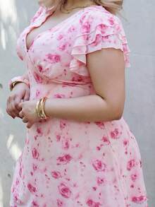 CHERRY TINTT SELECTION Plus Size Women Elegant Floral Mesh Printed Tight Fitted Deep V-Neck Dress, Slimming, Arm Flattering, 4th Of July Curve,Beach Outfit For Women,Airport Outfit Women,Festival Outfits Women,Graduation ,Women Summer Clothes,Going Out Tops Women,Rave Outfits,Club Outfits Women Sexy,Birthday Outfits For Women,Western Wear Women,Wedding Guest Dress Women,Summer Dresses For Women,Holiday Outfits,Vacation Outfits Woman,Pink Dress - Pink - View 4