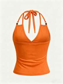 SHEIN Holidaya Áo ôm dáng cổ yếm đính hạt họa tiết hoa nhiệt đới - trái cam - Xem 5