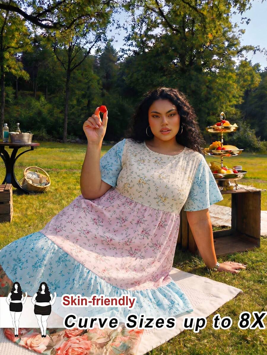 SHEIN CURVE+ Plus Size Casual Vacation Colorblock Ditsy Ditsy Floral Dress - Multicolor - View 1