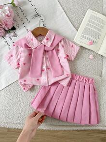 SHEIN Playful Pals 3件組 幼童嬰兒女童刺繡粉色條紋襯衫披肩&百褶裙休閒時尚夏季校園穿搭女童制服套裝 - 粉色 - 查看 5