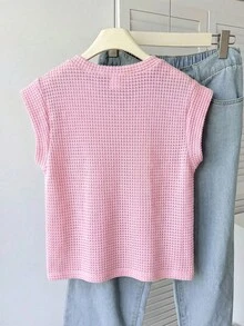 SHEIN 少女纹理圆领短袖休闲T恤，简约家居休闲服 - 粉色 - 查看 2