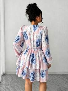 Elenzga Plus Size Women Floral V-Neck Puff Sleeve Double Ruffle Hem Dress - Dusty Pink - View 2