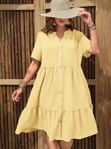 EMERY ROSE Plus Size Women Solid Color Short Sleeve Single-Breasted Casual Dress - Light Yellow - View 4