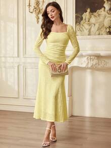 Vintamour Vintage Classic Elegant Women's Dress, Spring/Summer Fitted Jacquard Knit Dress, Square Collar Dress, Mermaid Hem Bodycon Dress, Apricot Dress - Pale Yellow - View 6