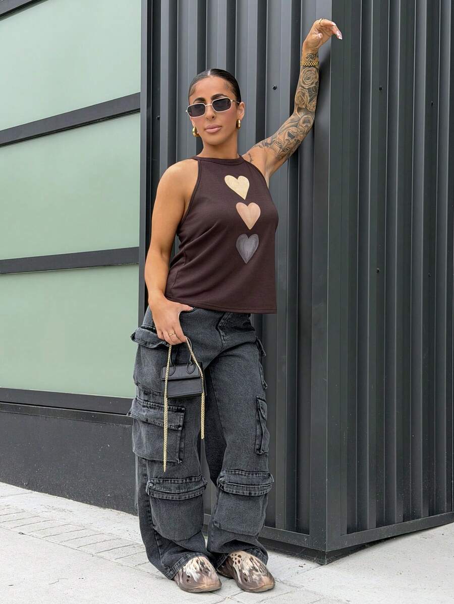SAYEHFBABY Heart Pattern Casual Neck Tied Slim Fitting Tank Top For Women, Suitable For Summer Back To School - Brown - View 1