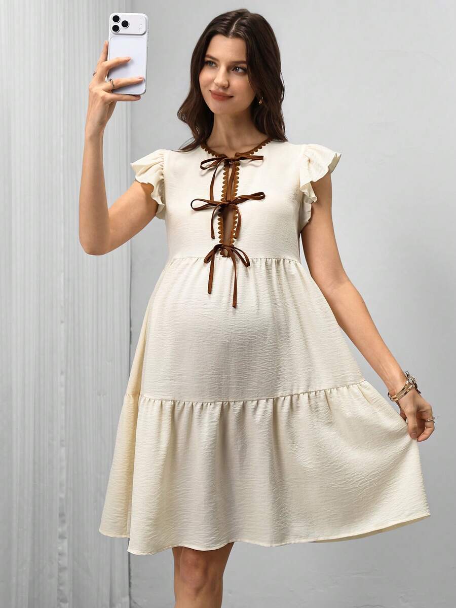 Momance 孕妇夏季休闲系带哺乳连衣裙 - 杏色 - 查看 1