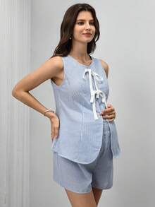 Momance 条纹系带吊带背心和短裤两件套，孕妇夏季款 - 藍色 - 查看 5