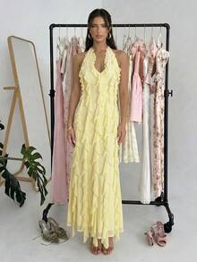Firerie Vestido sin mangas con cuello halter, espalda descubierta y volantes de malla de color amarillo pálido sólido para mujer - Amarillo claro - Ver 3