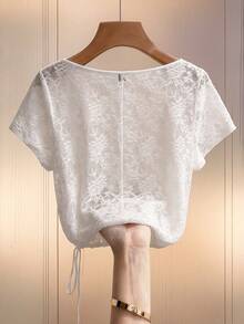 GlowEve CURVE Plus Size Women Jacquard Knit Top Romantic Elegant Suitable For Dates Wedding Guest Versatile Semi-Sheer Vacation Fashion T-Shirt Spring Summer White - White - View 2