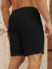 Genlund Pantalones cortos casuales versátiles de uso diario para hombre, unicolor, cintura con cordón, para vacaciones - Negro - Ver 2