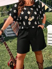 EMERY ROSE Plus Size Women 2-Piece Set: Allover Print Short Sleeve Top And Shorts, Casual Daily Wear - Black - View 5