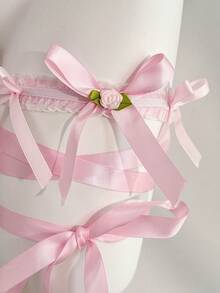 SHEIN Lace Patchwork Bow Leg Garter - Pink - View 5