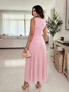 Structelle Women's Elegant Commuter Day Party Summer Set, Soft Pink Knit Cardigan With Metal Buttons Sleeveless Top + Pleated Skirt - Pink - View 2
