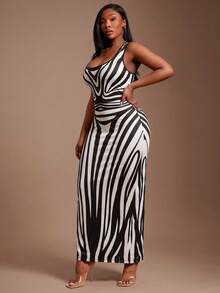 SHEIN SXY Elegant Plus Size White Long Zebra Pattern Bodycon Dress With Open Back Detail Vacation Summer Party - Black and White - View 7