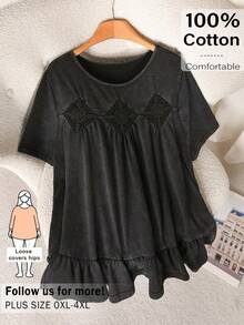 CosyJoli Plus Size Women's Black T-Shirt, Washed Short Sleeve Top, Casual Boho Clothing, Outerwear, Cute Summer Ruffle Hem Women Wear For Vacation Date Night - Black - View 4