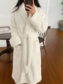 DAZY Women's Minimalist Textured Fleece Long Robe, Winter Loungewear - White - View 5