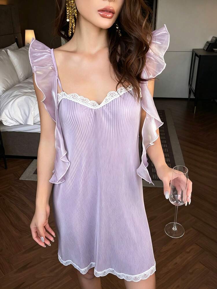 Romantic Pleated Fabric Iridescent Ruffle Hem Short Slip Dress For Women