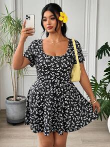SHEIN EZwear 大码女式休闲碎花圆领短袖连体裤，夏季 - 彩色 - 查看 3
