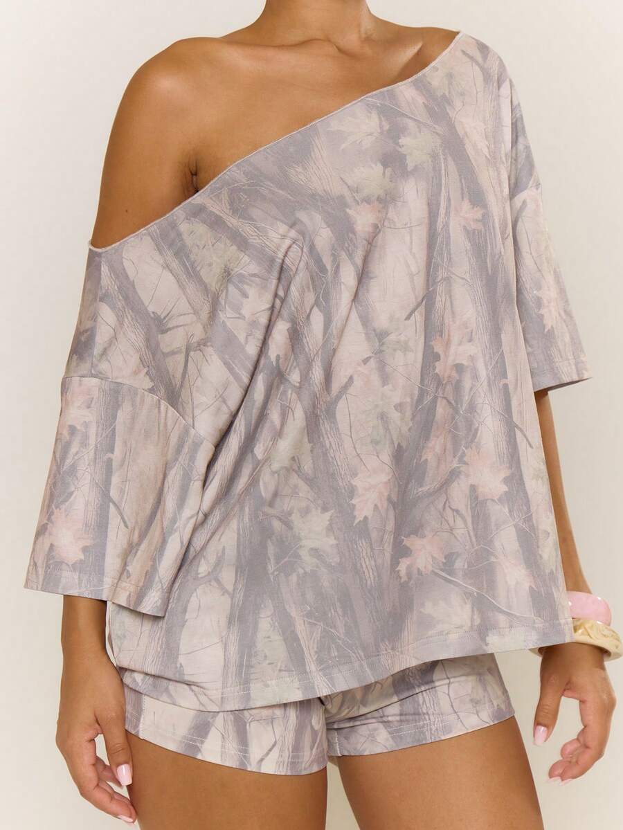 MUSERA Printed One Of The Shoulder Graphic Grey Oversized Casual Cropped T-Shirt Cool Girl Costumes For Women Spring Summer Everyday - Multicolor - View 1