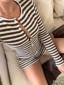 Siren Gaze Autumn Women Casual Brown Commuter Stripe Button Front Top Shorts Sets Y2k Going Out Streetwear Halloween Vintage Elegant Formal Back To School Work - Multicolor - View 2