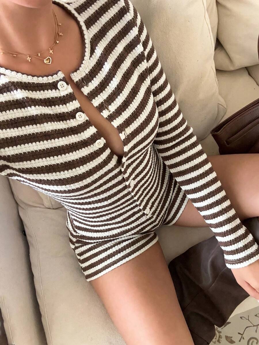 Siren Gaze Autumn Women Casual Brown Commuter Stripe Button Front Top Shorts Sets Y2k Going Out Streetwear Halloween Vintage Elegant Formal Back To School Work