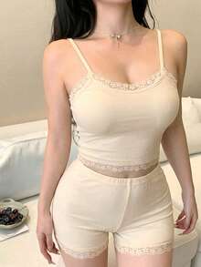 DAZY 女士性感蕾丝拼接吊带背心和超短裤睡衣套装（2件套），夏季 - 米色 - 查看 5
