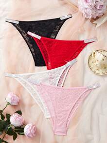 Crystal Vow 4pcs/Pack Plus Size Women Lace Trim Briefs - Multicolor - View 3